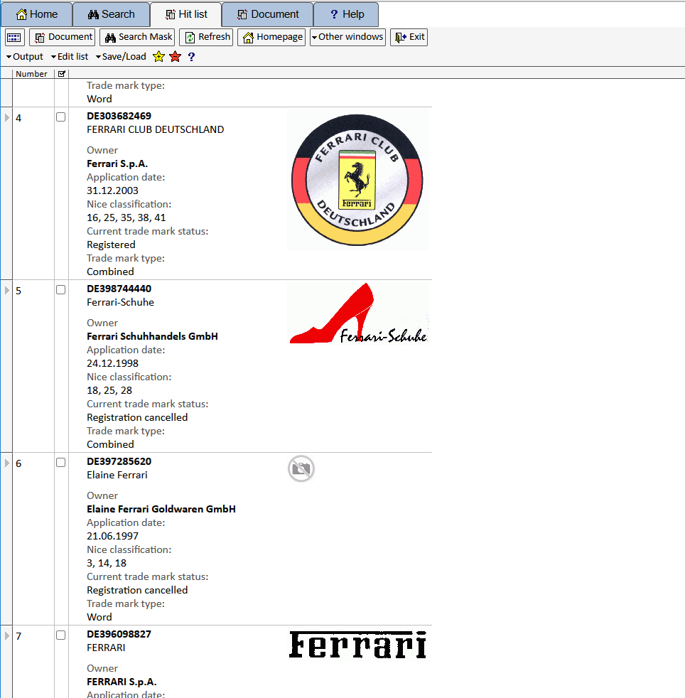 Screenshot XPAT Trademark hit list Screenshot XPAT Trademark hit list